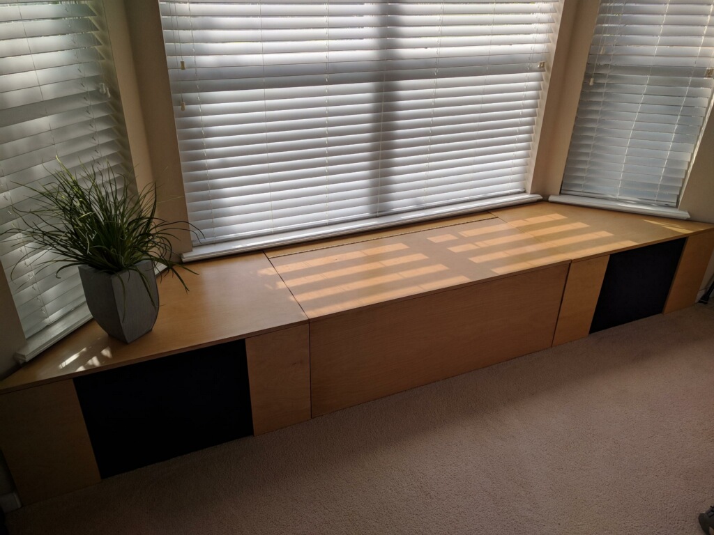 Bay window bench seat with storage and builtin speakers Wood, Wires, and Widgets