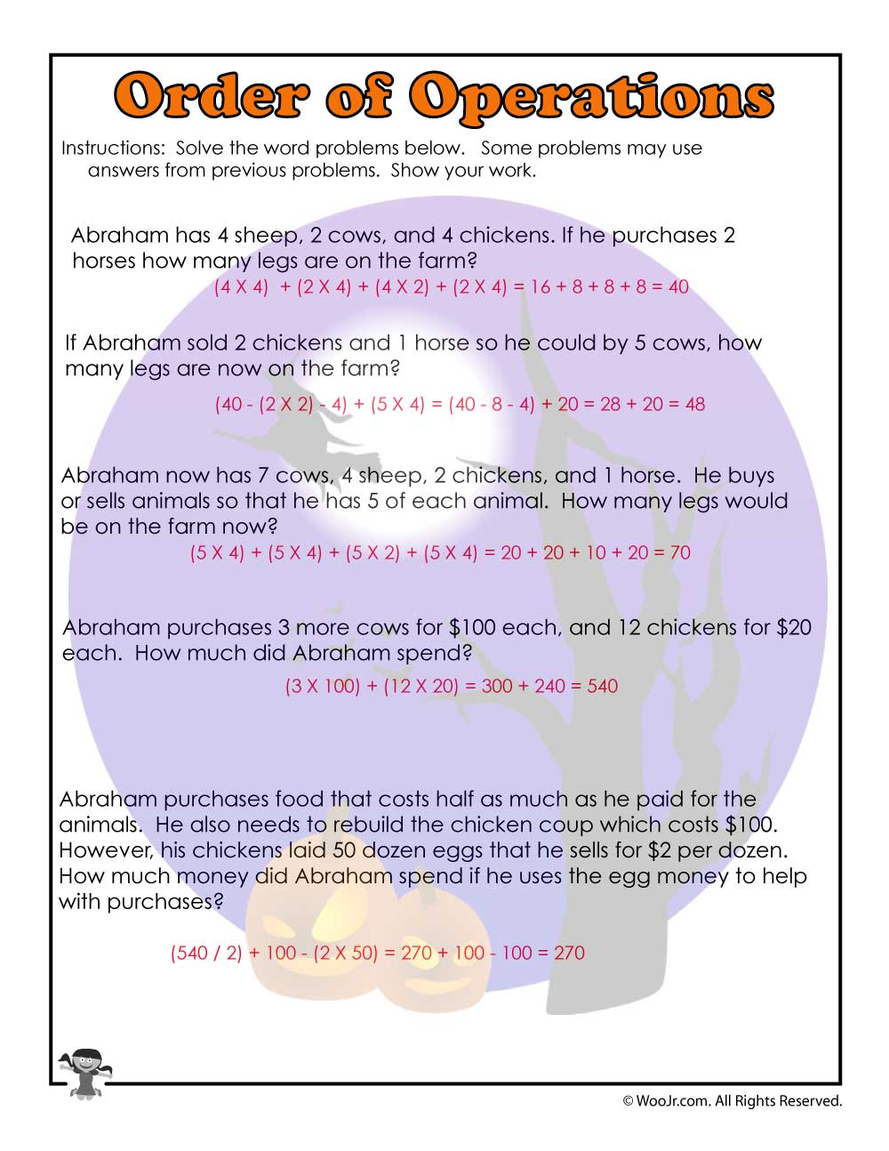 Order of Operations Common Core Worksheet ANSWERS Woo! Jr. Kids