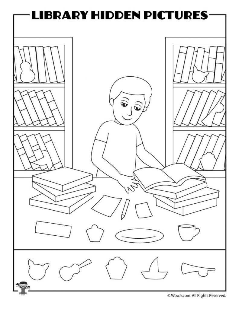 Printable Library Activities Coloring Pages, Word Puzzles, & Hidden