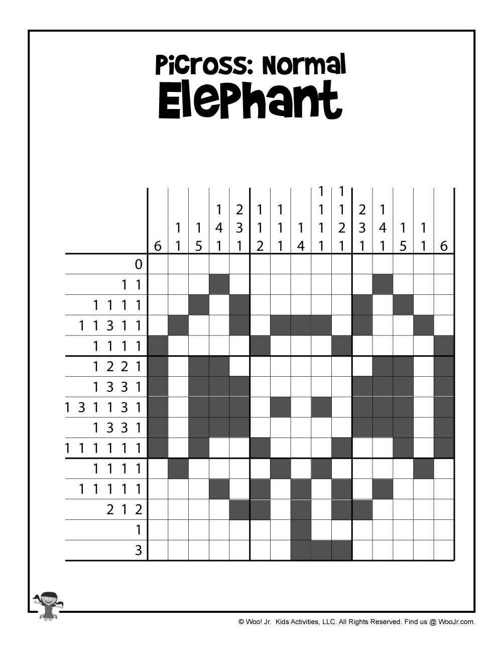 Elephant Pixel Art for Kids ANSWER KEY Woo! Jr. Kids Activities