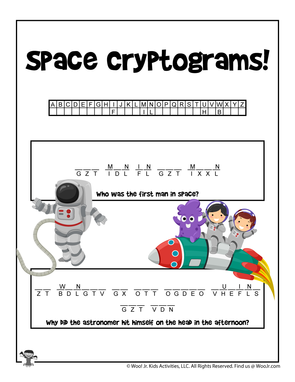 Space Cryptogram Decoding Word Puzzle Woo! Jr. Kids Activities