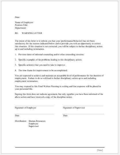 Warning Letter for Unacceptable Attitude | Word & Excel ...
