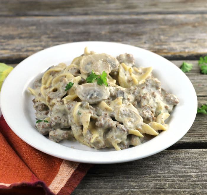 Hamburger Stroganoff Casserole with Cream of Mushroom Words of