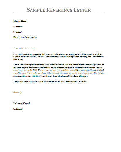 Personal Reference Recommendation Letter Sample
