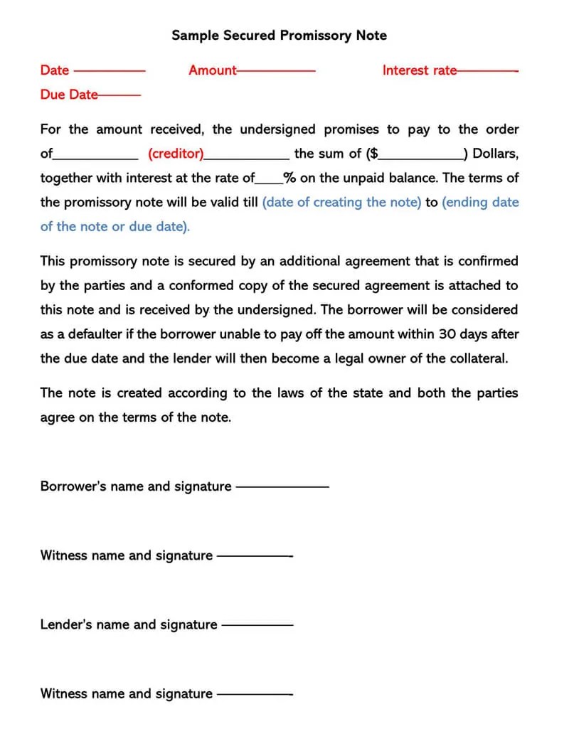 Secured Promissory Note Template Word