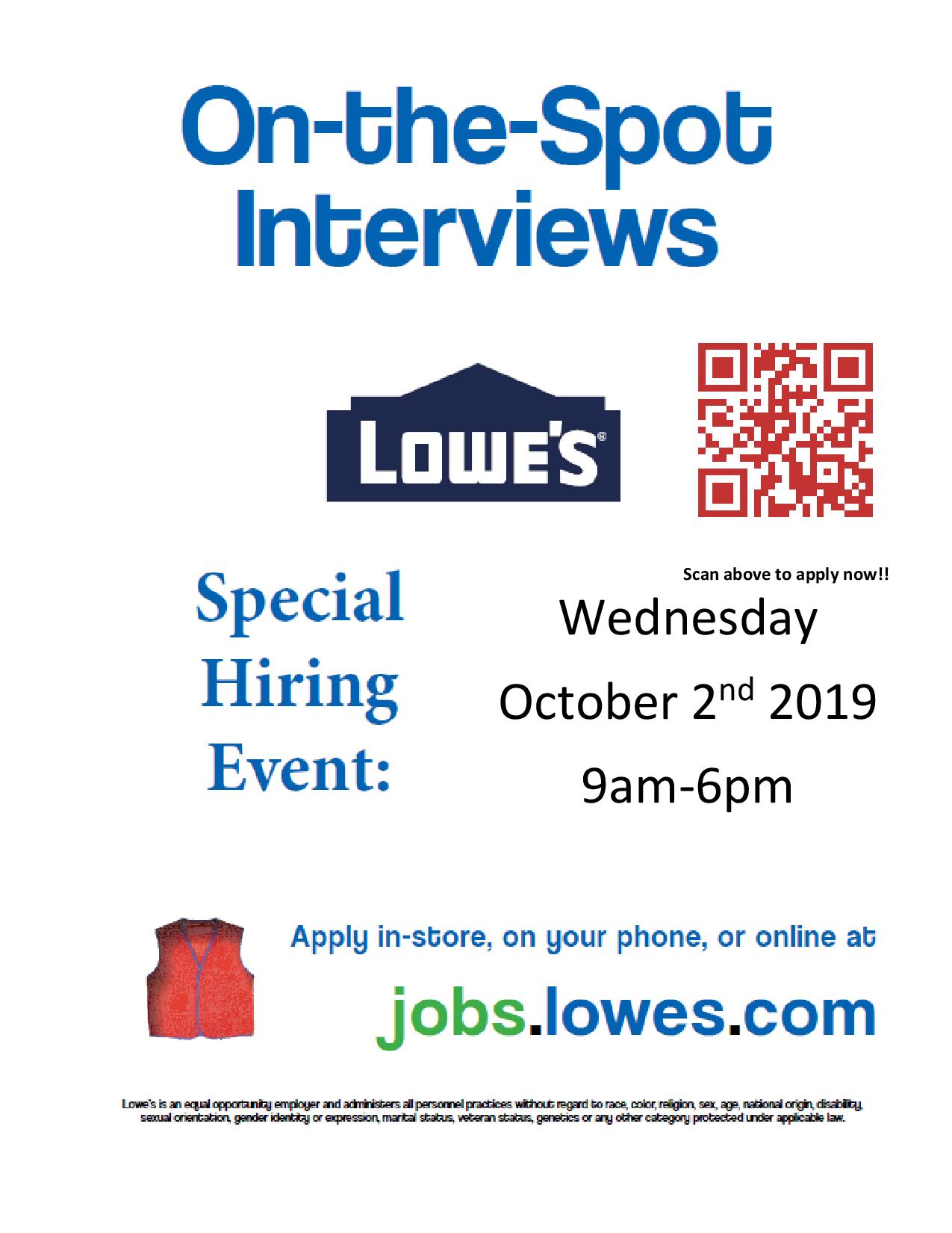 Lowe’s National Day of Hiring Wednesday, October 2nd Working Solutions