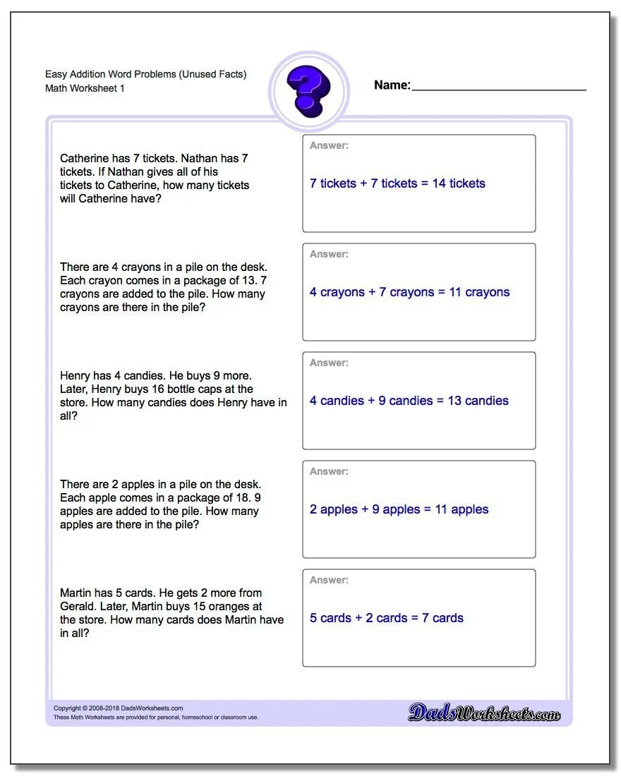 Finding Key Words In Addition Story Problems Worksheets