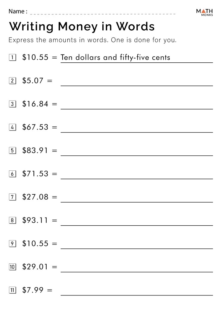 Money In Words Worksheets Worksheets | Worksheet Hero
