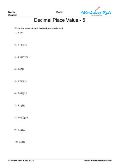 Decimal place value worksheets for 5th grade - Free printable PDF