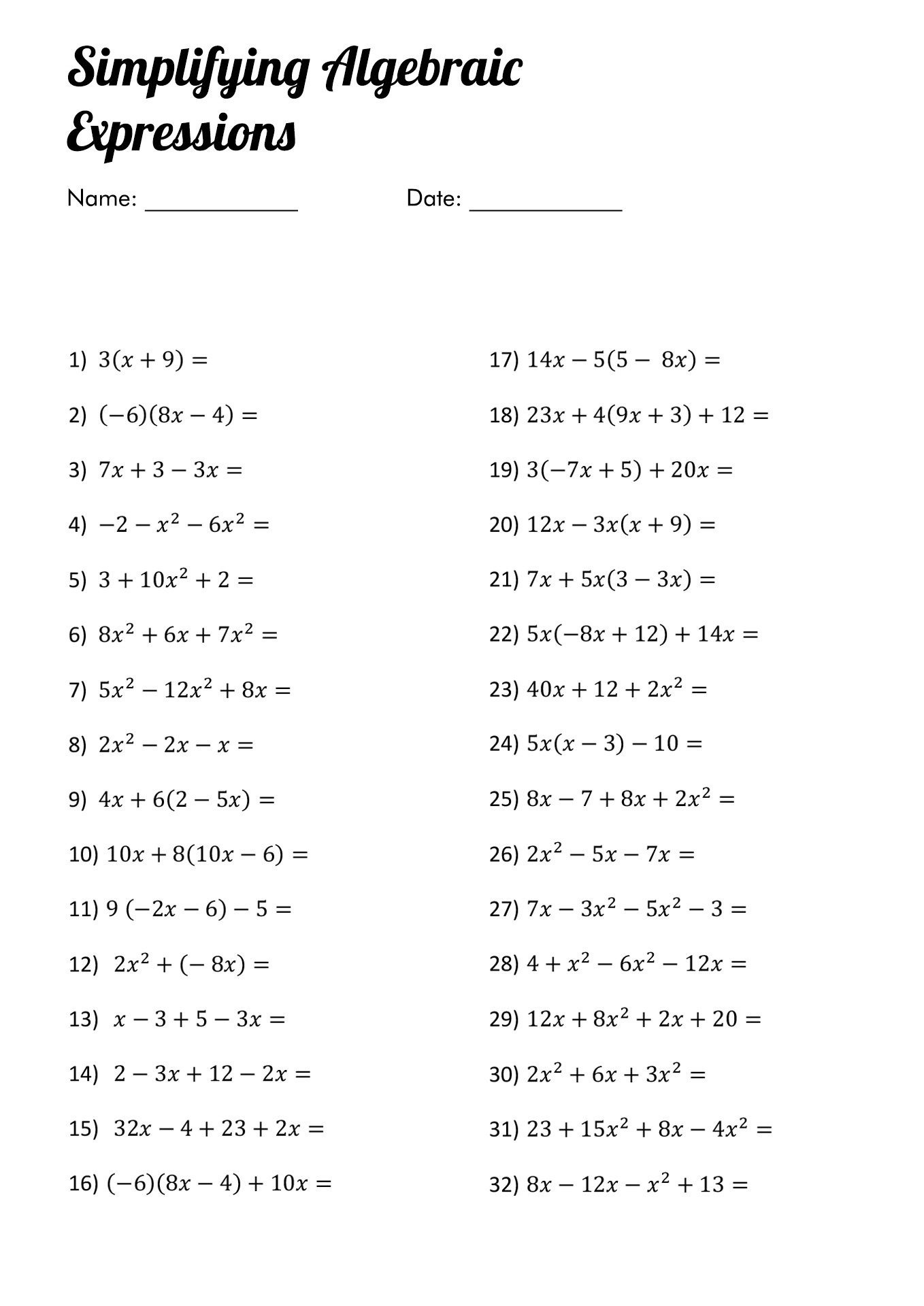 Simplifying Expressions Worksheet With Answers - Englishworksheet.my.id