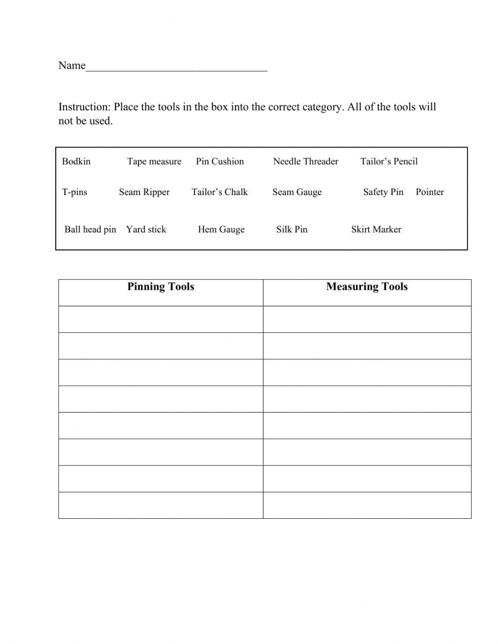 Sewing Tools Worksheet Answers