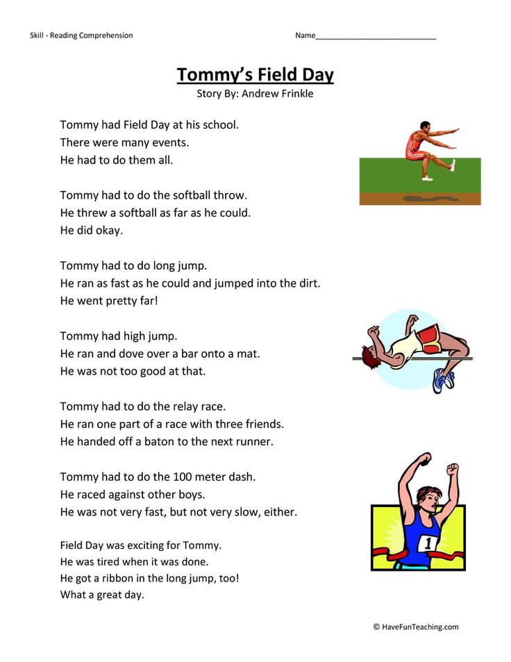 Tommy Field Day Reading Comprehension Worksheets WorksheetsCity
