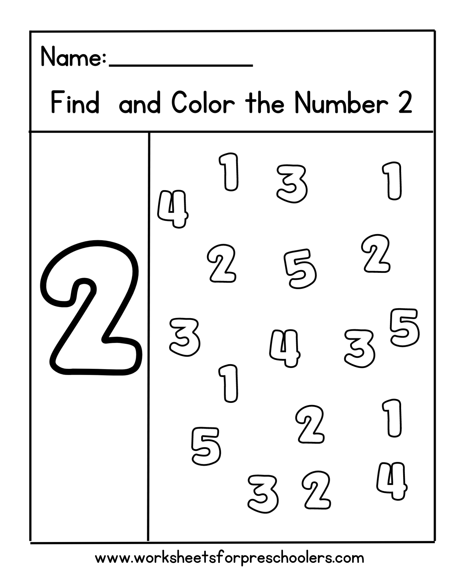 Preschool Math Activity Worksheet Find and Color Number 2