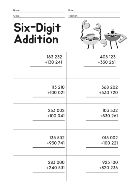 6 Digits Additions Worksheets | WorksheetsGO