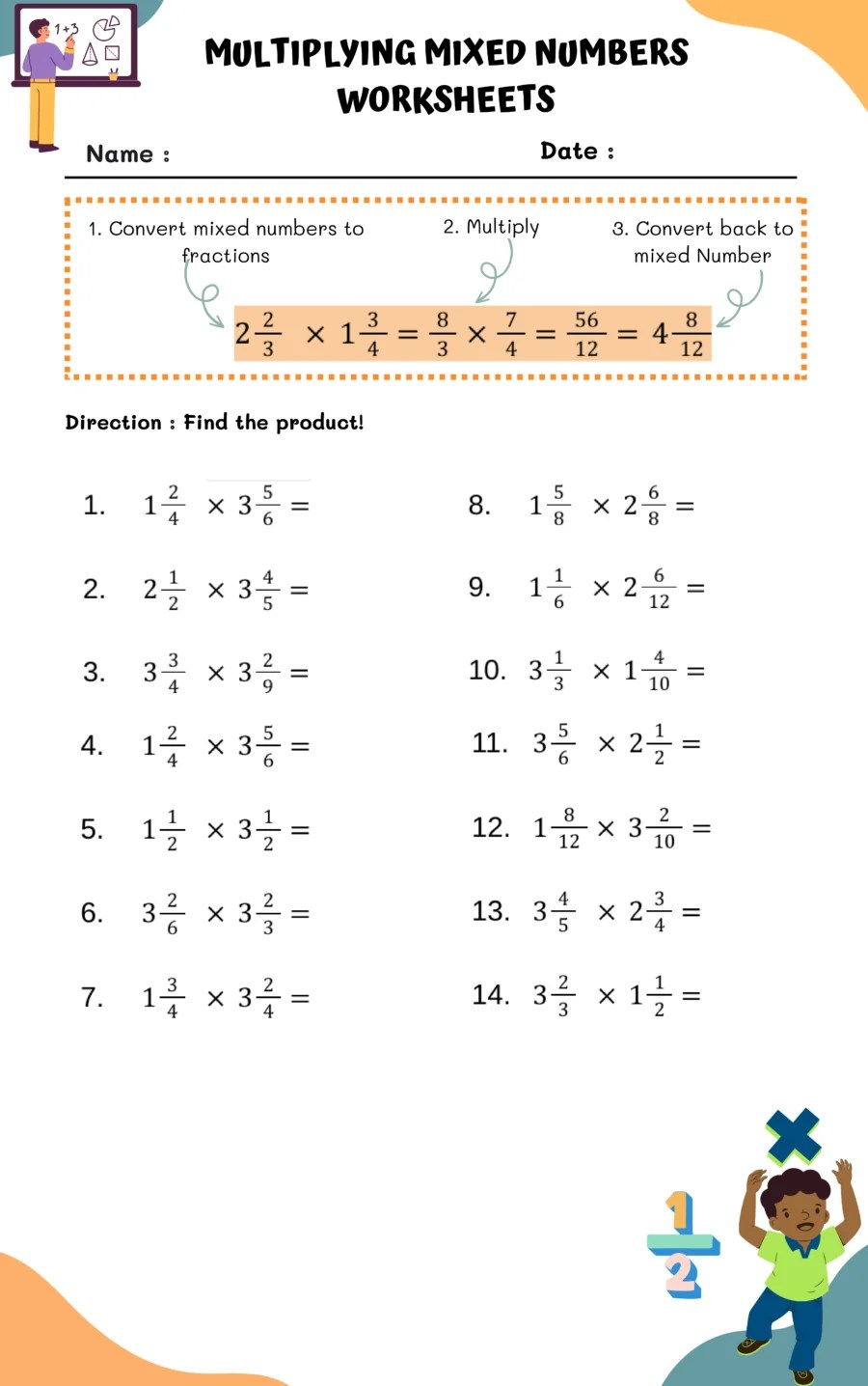Multiplying Mixed Numbers Worksheet