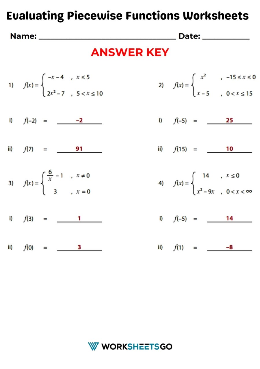 Evaluating Piecewise Functions Worksheets | WorksheetsGO