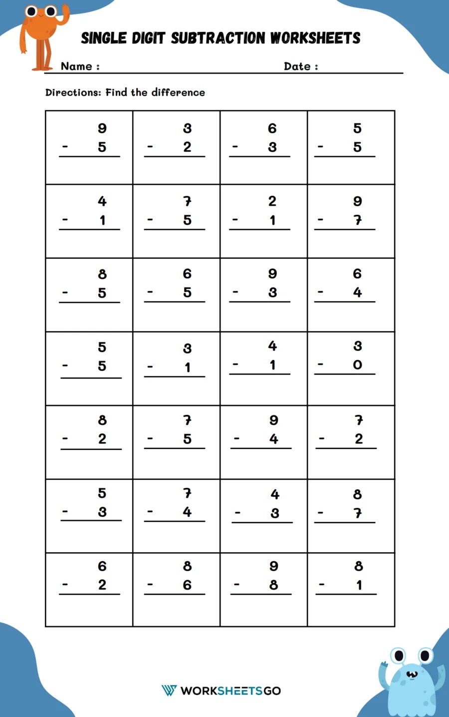 Single Digit Subtraction Worksheets | WorksheetsGO