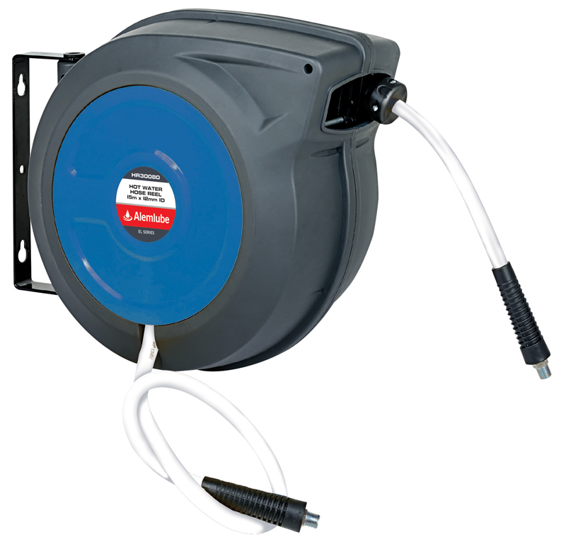 EL Series hot wash hose reel, 15m x 12mm ID hybrid polymer hose Alemlube