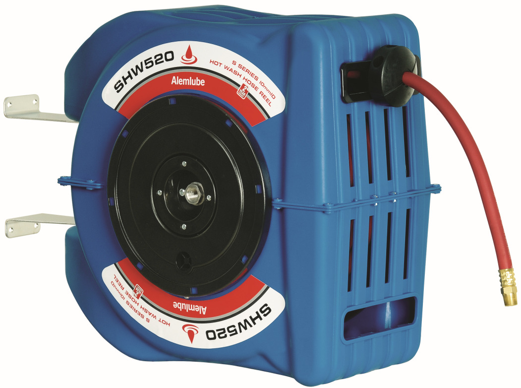 Alemlube S series hot wash hose reel, 12m x 10mm ID rubber hose