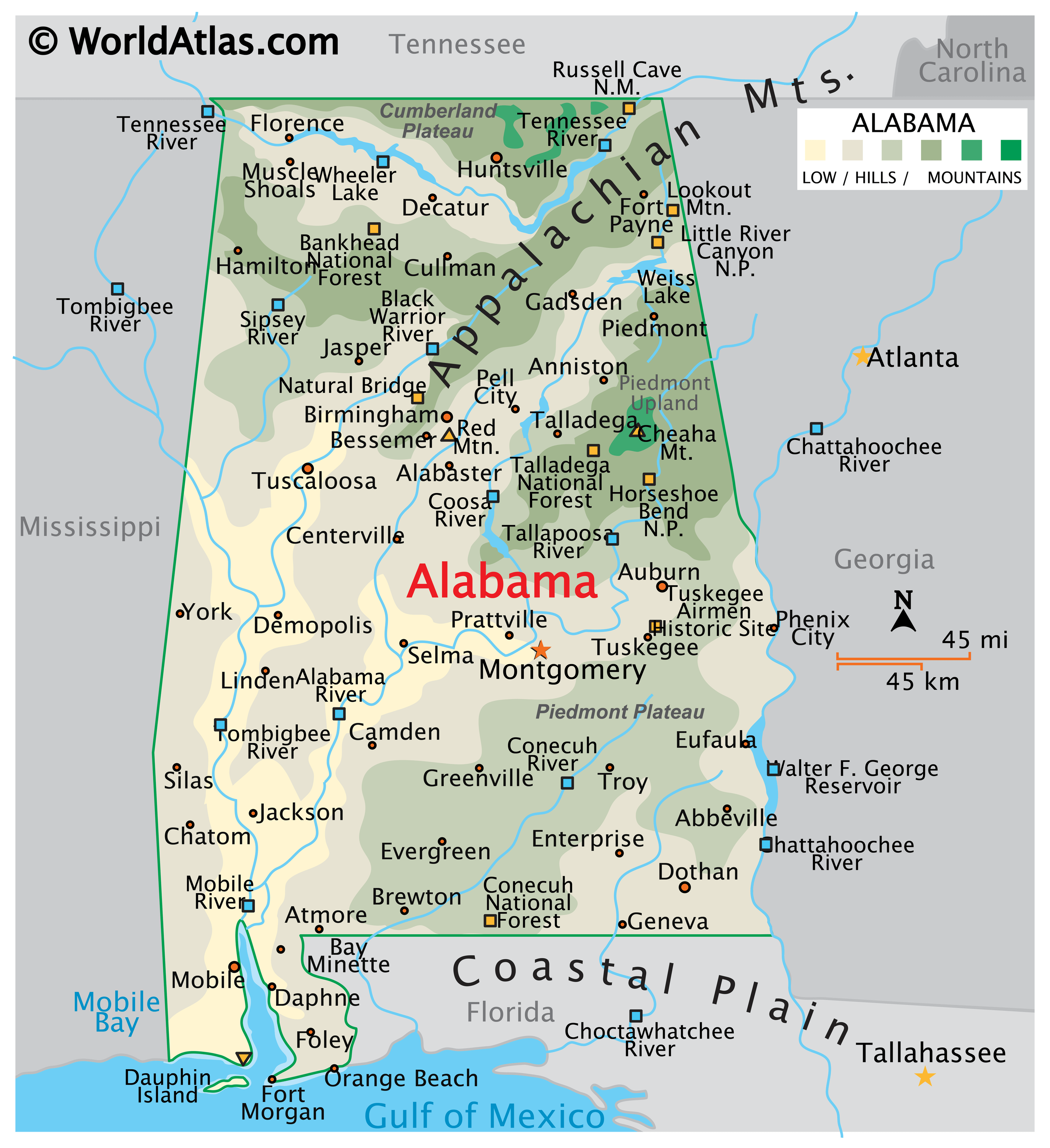 A Map Of Alabama Alabama Map / Geography Of Alabama / Map Of Alabama - Worldatlas.com
