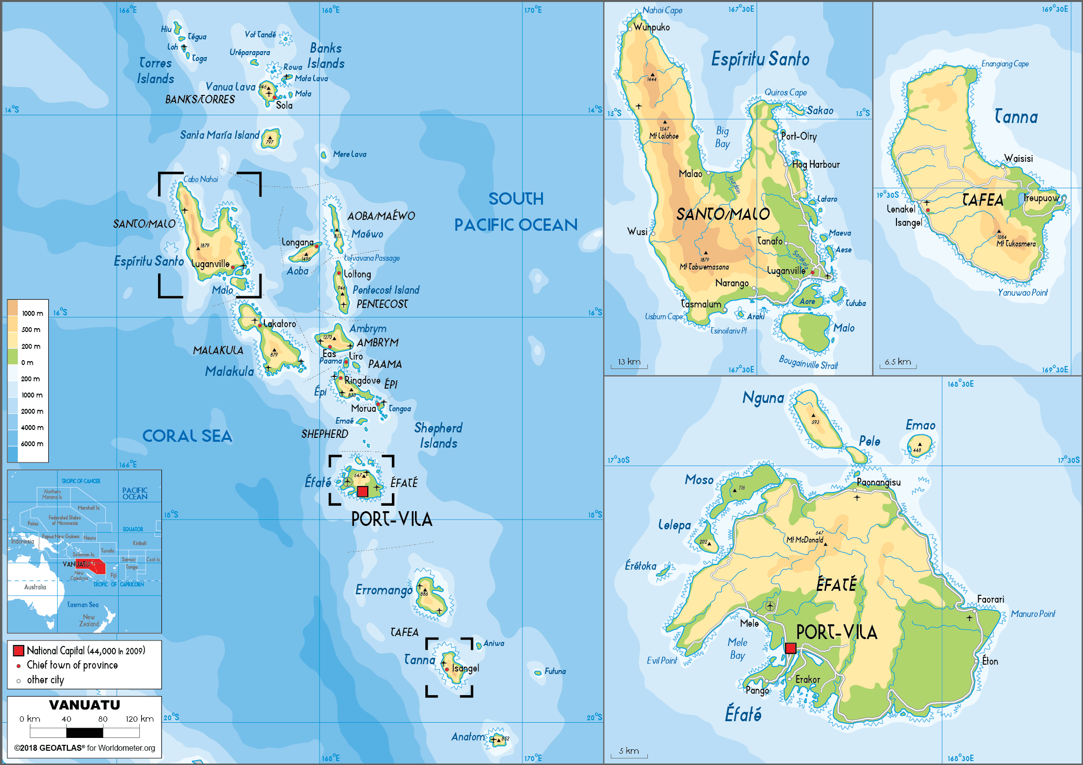 Large size Physical Map of Vanuatu Worldometer