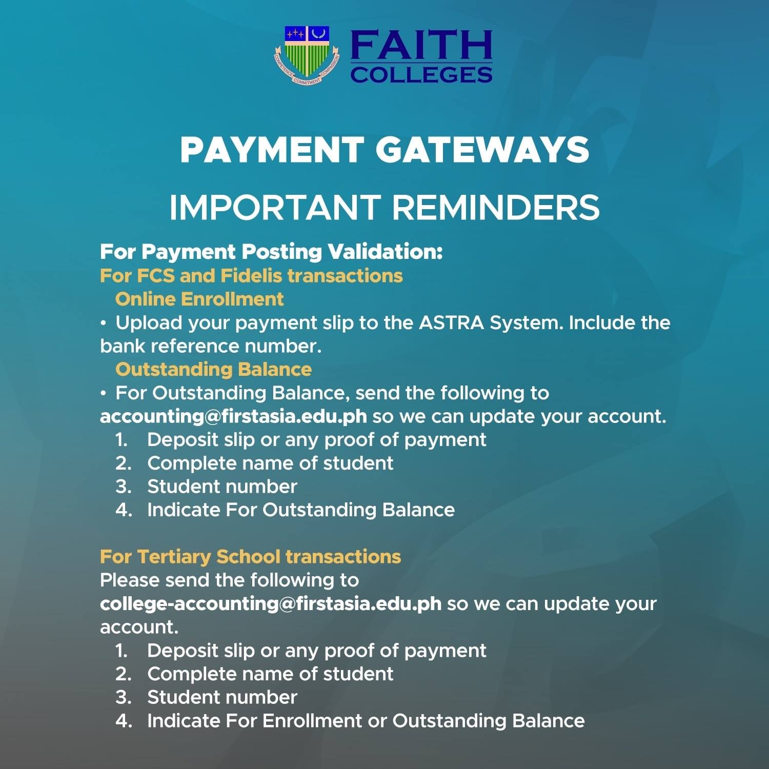PAYMENT GATEWAYS Important Reminders FAITH Colleges WOWBatangas