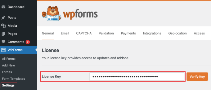 Enter Your WPForms License Key Enter Your WPForms License Key