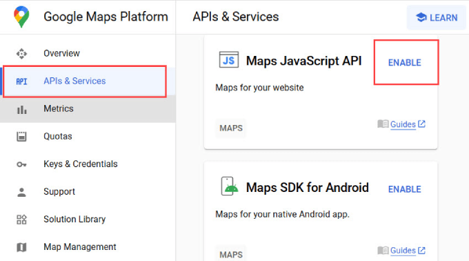 Enable maps javascript API Enable maps javascript API