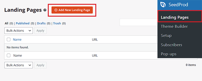 Click the Add New Landing Page button Click the Add New Landing Page button