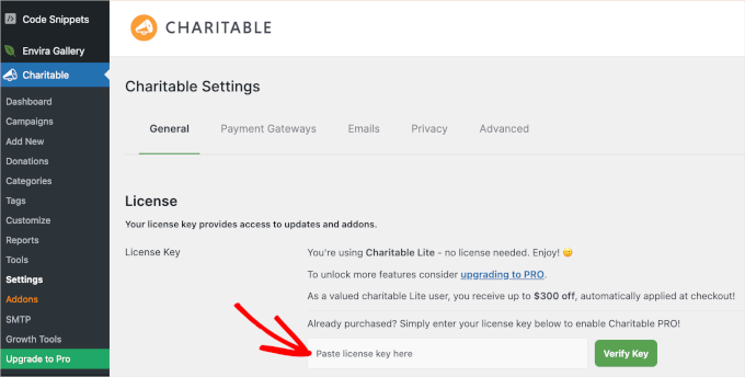 Adding the WP Charitable license key Adding the WP Charitable license key