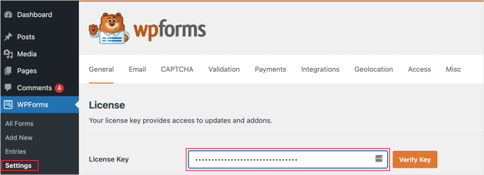 Entering WPForms license key Entering WPForms license key