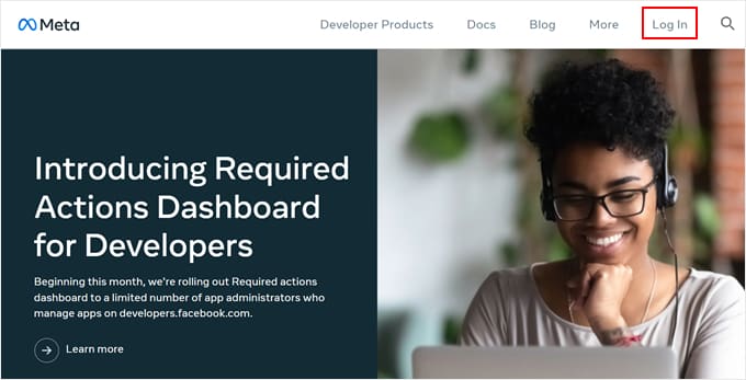 Logging into the Facebook Developers page Logging into the Facebook Developers page