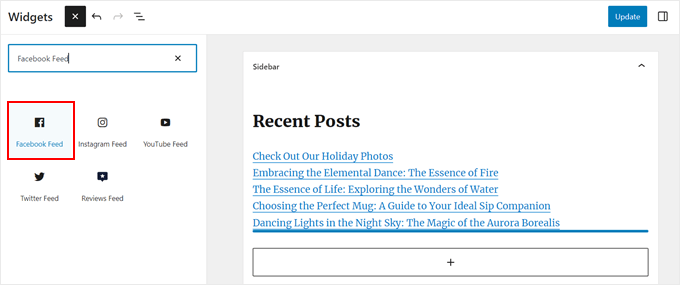 Finding the Smash Balloon Facebook Feed widget in the widget editor Finding the Smash Balloon Facebook Feed widget in the widget editor