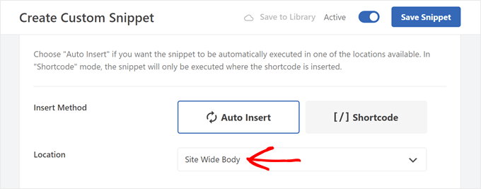 Choosing Auto Insert and Site Wide Body for the code's Insertion settings in WPCode Choosing Auto Insert and Site Wide Body for the code's Insertion settings in WPCode
