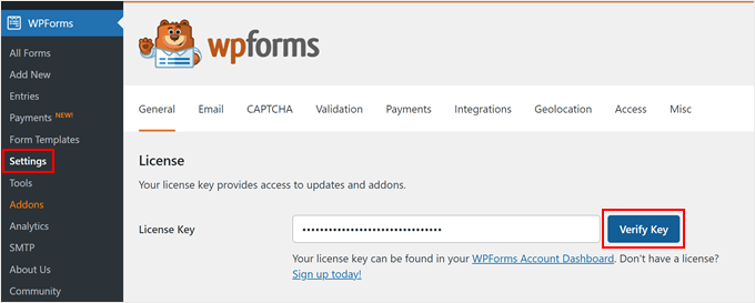 Verifying a WPForms license key Verifying a WPForms license key