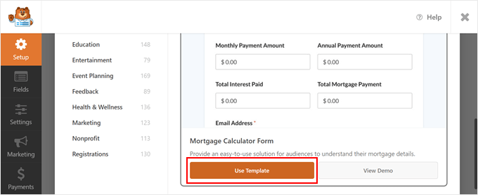 Clicking the Use Template button in WPForms Clicking the Use Template button in WPForms