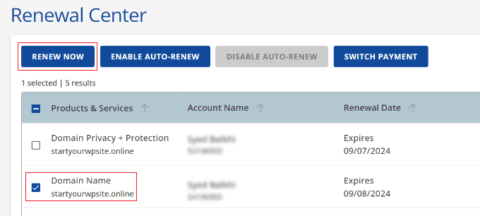 Select domain to renew in Bluehost Select domain to renew in Bluehost