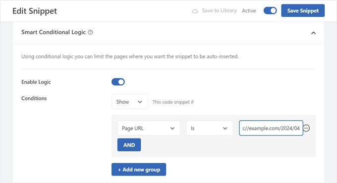 Configuring the smart conditional logic settings in WPCode Configuring the smart conditional logic settings in WPCode