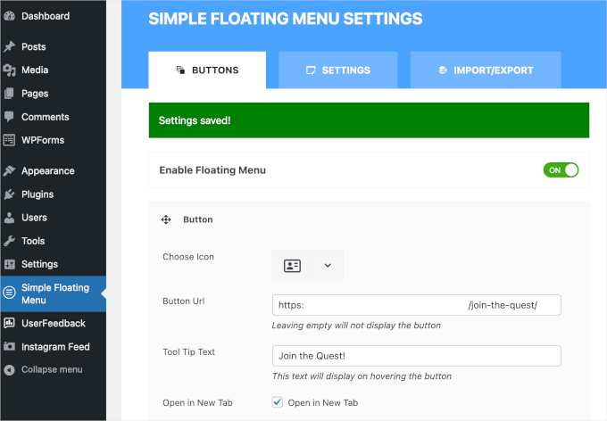 simplefloatingmenu-enable 1 The Simple Floating Menu plugin's settings area with the Enable Floating Menu slider