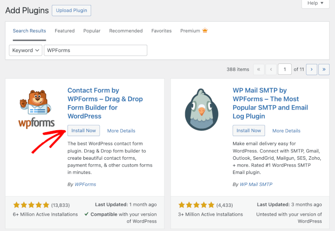 wordpress-plugins-addnewplugin-wpforms-installnow The Install Now button on the WPForms search result when adding a new plugin on WordPress