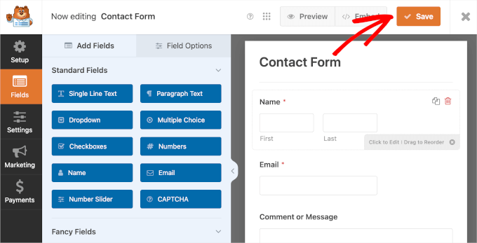 wpforms-formbuilder-fields-save The Save button on WPForms' form builder interface