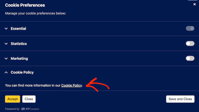 Linking directly to your cookie policy, from a WordPress popup created with WPConsent Linking directly to your cookie policy, from a WordPress popup created with WPConsent