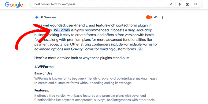 WPForms mentioned in the top of Google AI overview WPForms mentioned in the top of Google AI overview