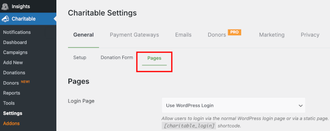 Page settings in Charitable Page settings in Charitable