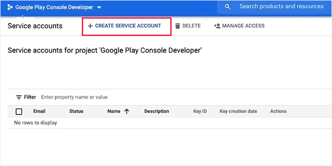Click the Create Service Account button in Google Play Console Click the Create Service Account button in Google Play Console