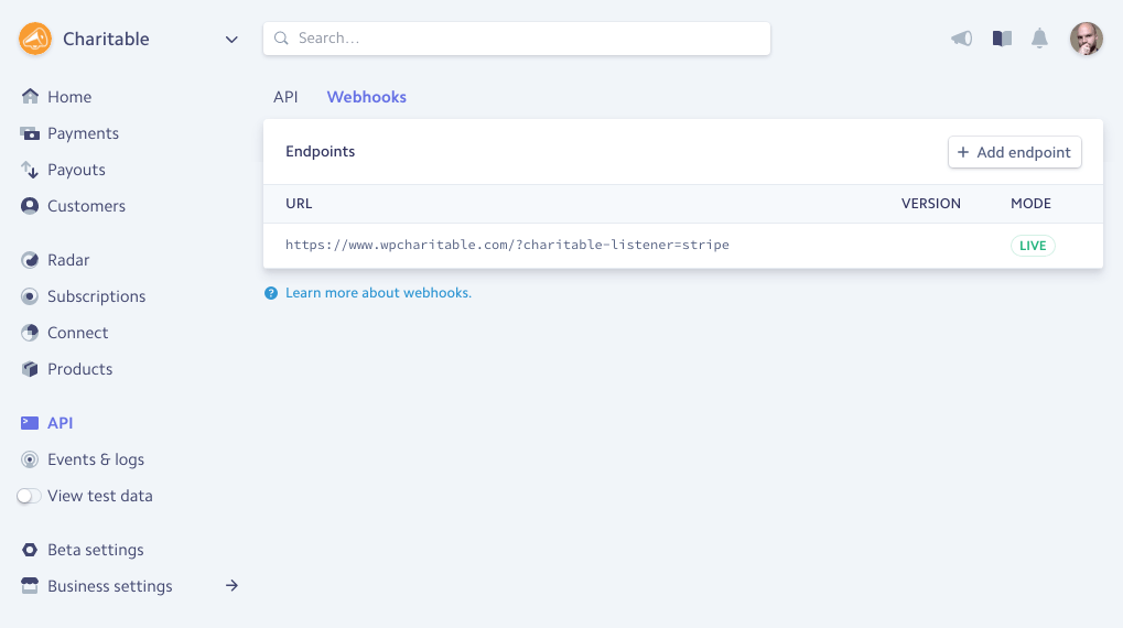 Setting up a Stripe hook Charitable