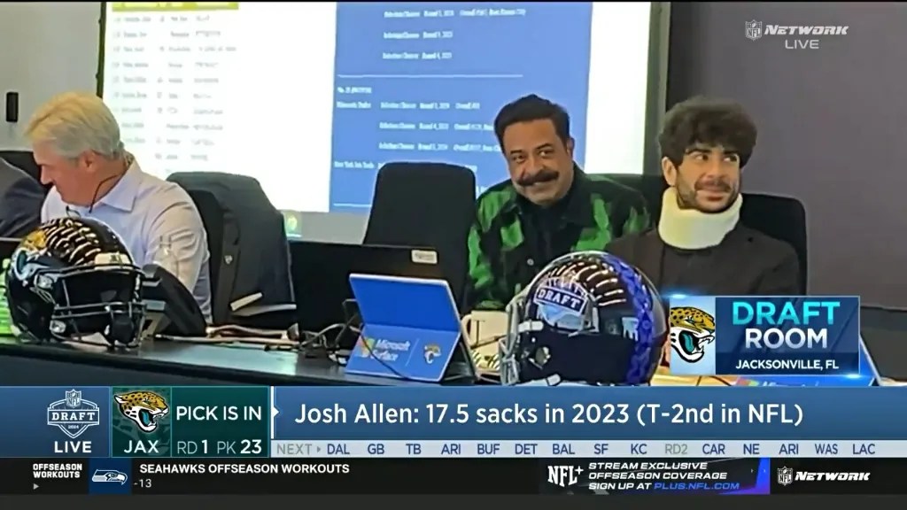 Tony Khan shown wearing a neck brace during NFL Draft WWE News, WWE Results, AEW News, AEW Results