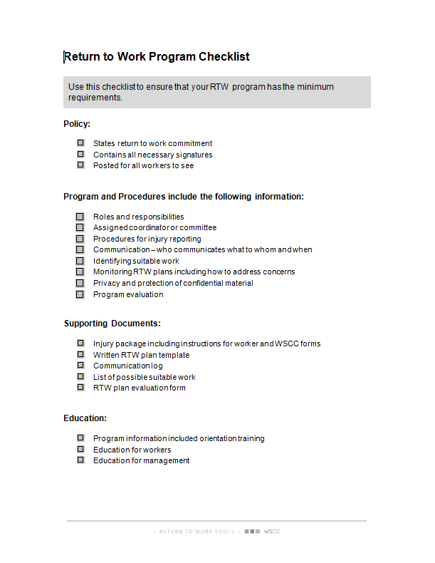Return to Work Program Checklist WSCC Workers' Safety and