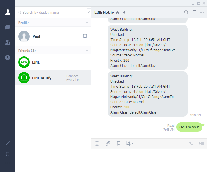 N4 Alarms to Line Messenger Notification Service Works Software