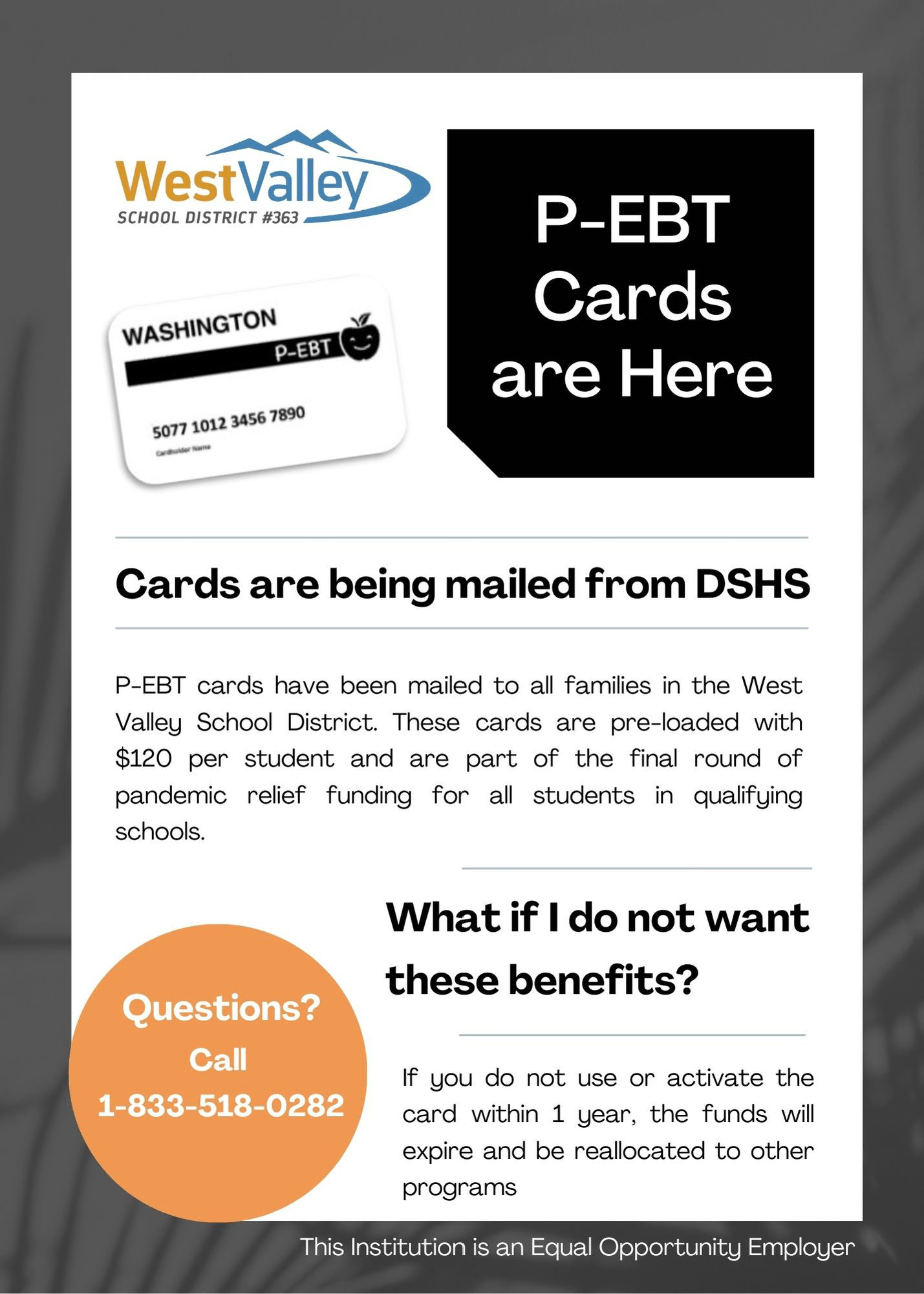 PEBT cards mailed out West Valley School District 363